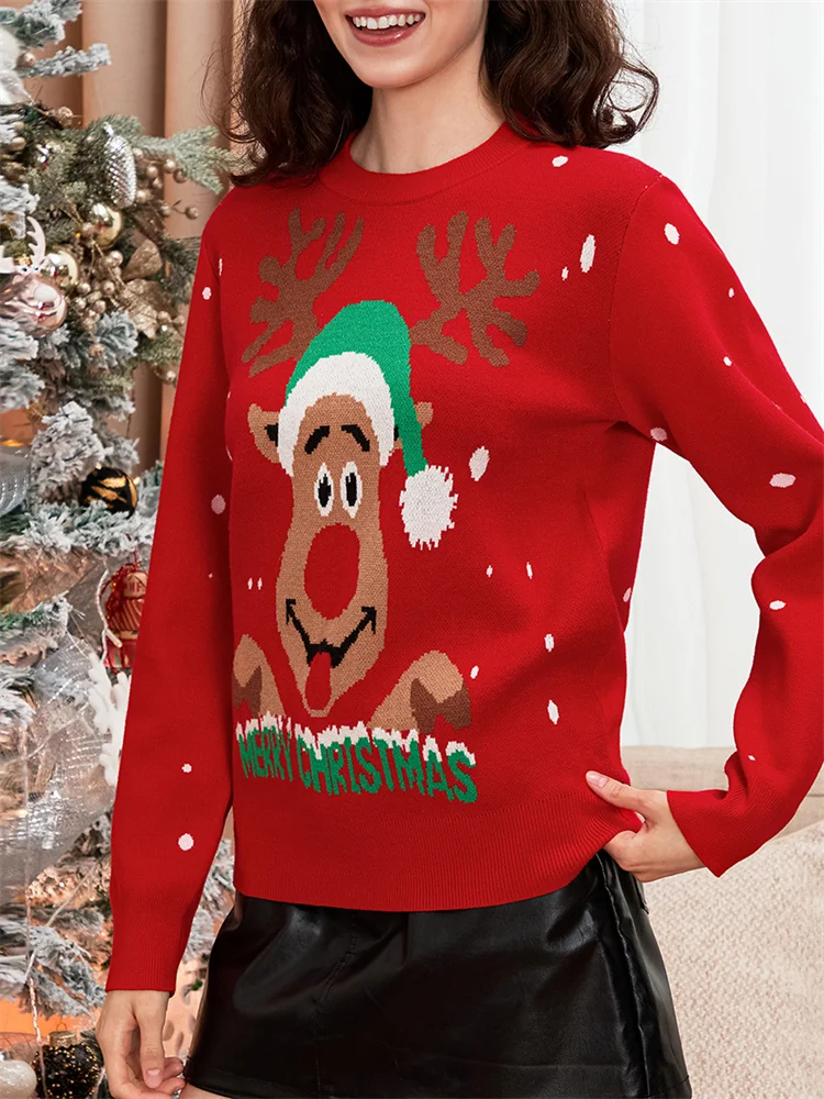 CHRONSTYLE Women Christmas Sweaters Long Sleeve Round Neck Reindeer Print Loose Casual Pullovers Knitted Top 2025 Winter Jumpers