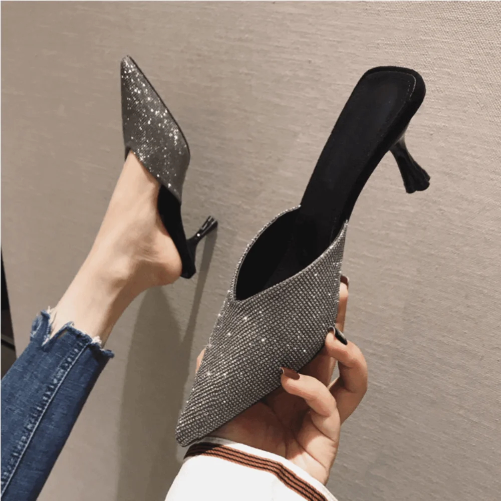 Silver Rhinestone Pointed Toe Mules with Black Thin Heel Fashionable Slip-on Heeled Sandals