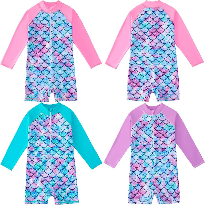 

Children Long Sleeves Bathing Suit Girls One-piece Mermaid Swimsuit For 4-9Years Kids UPF 50+ Sun Protection Surf Suits