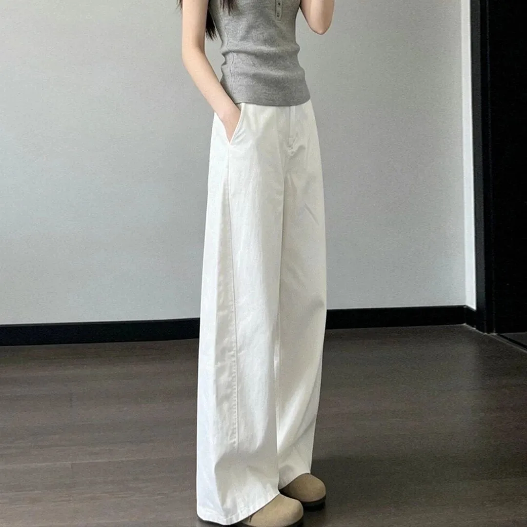 High Waist Wide Leg Straight Cut Jeans Women's Leg Lengthening Loose Fit Cotton Stretch Denim High Street Style