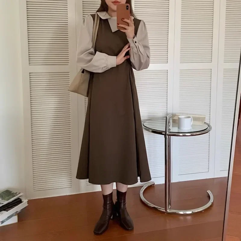 

Contrast Color Office Dress Women Spring Summer High Waist Maxi Vestidos Korean Slimming Temperament Puff Sleeve Long Dress 원피스