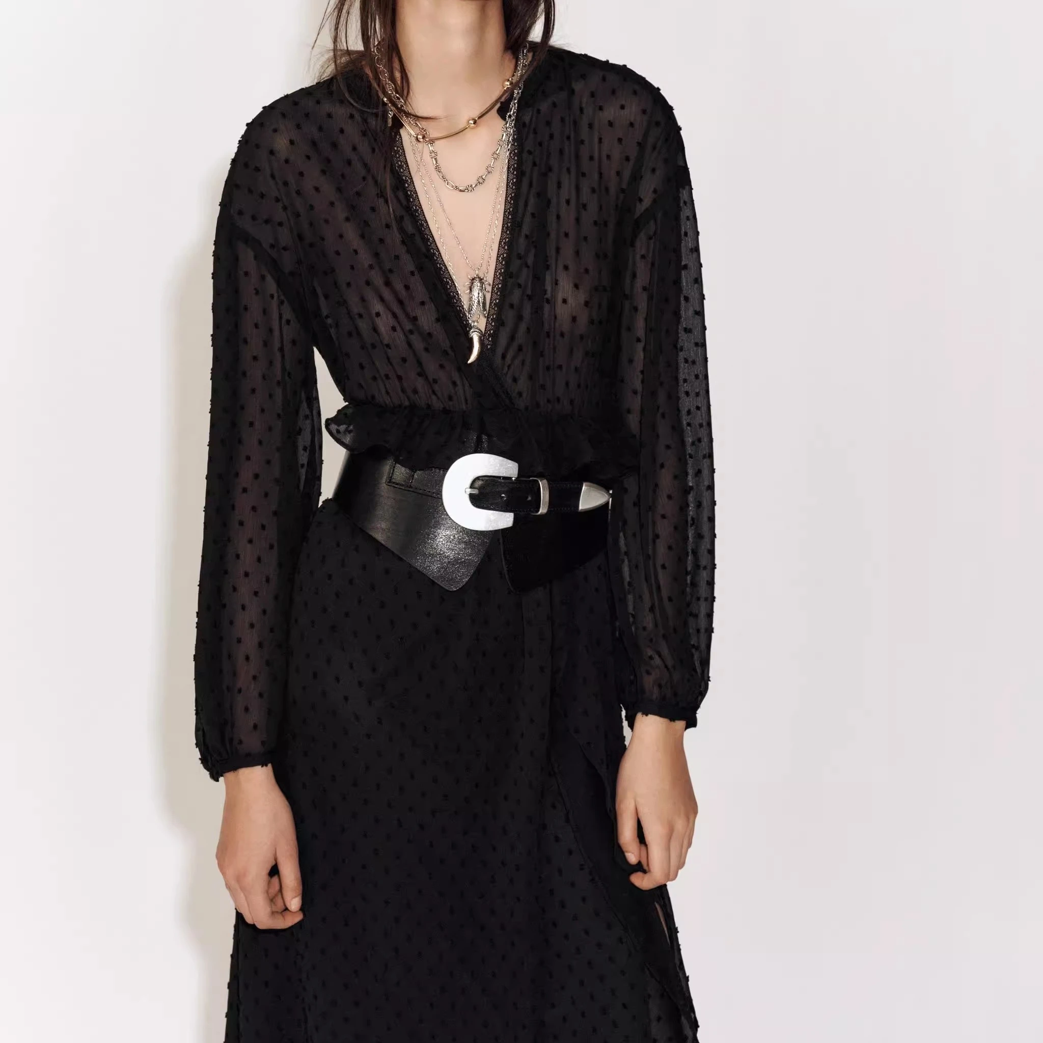 Novo Lançamento Primavera Verão Vestido F de Moda com Manga Longa e Decote em V, Decoração em Camadas, Saia A-Line de ...