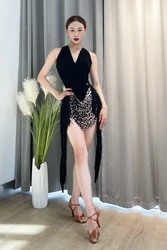 Latin dance black tassel short skirt adult tango samba rumba professional practice outfit for girls dance training clothes