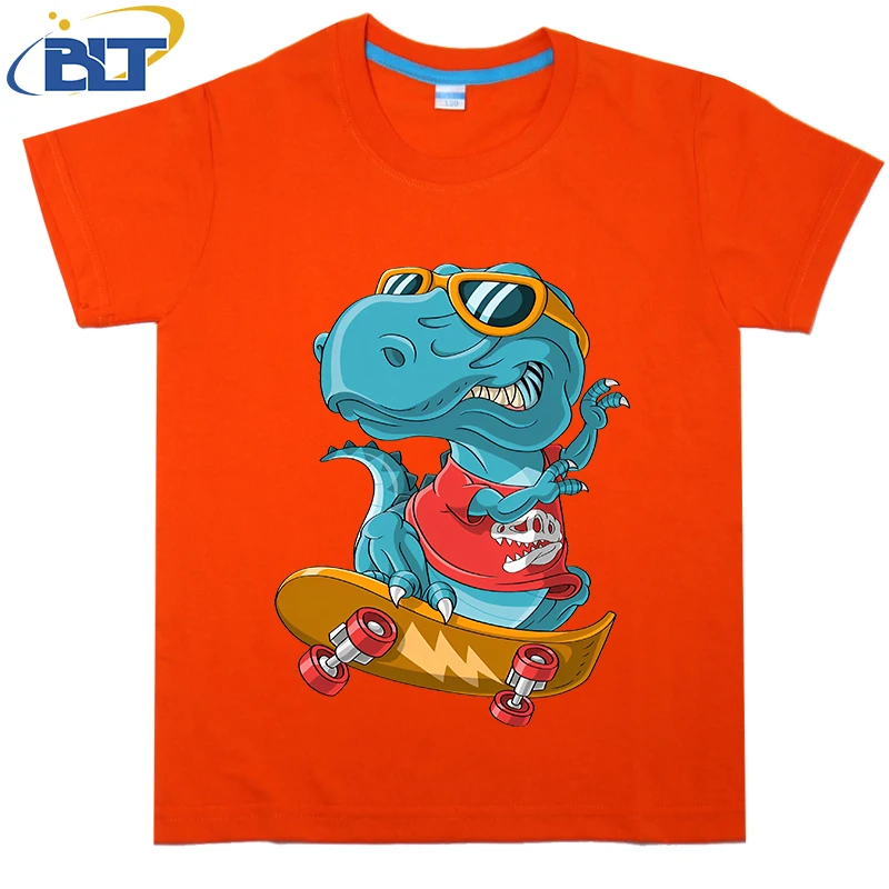 Camiseta fresca con estampado de patinador t-rex para niños, top informal de manga corta de algodón de verano, adecuado para niños y niñas