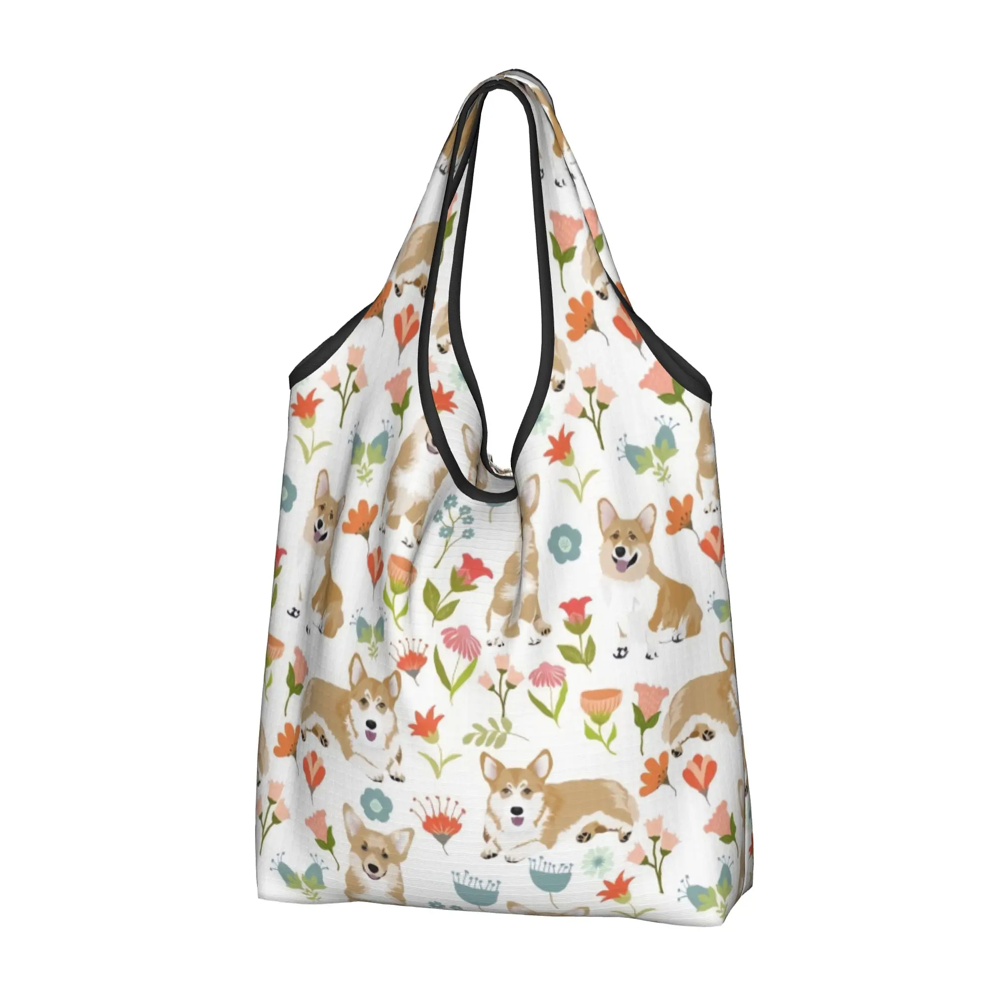 Corgi Dog And Flower  Grocery Shopping Tote Bag Women Kawaii  Shoulder Shopper Bag Big Capacity Handbags