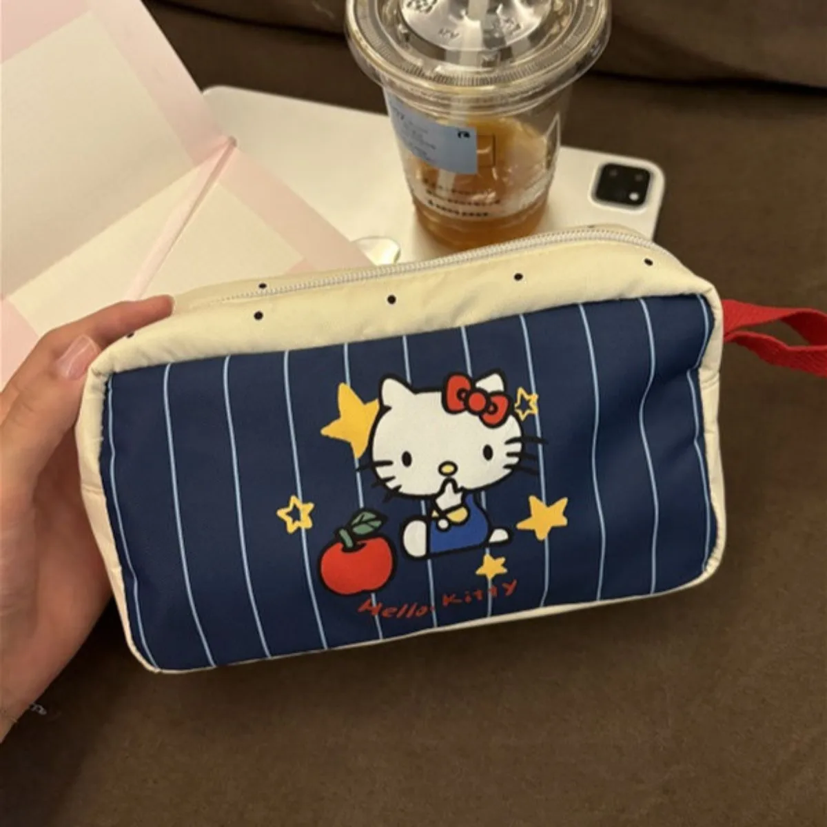 Hello Kitty Pencil Case Miniso Printing Stripe Zipper Portable Handheld Makeup Bag Light Large Capacity Stationery Storage Bags