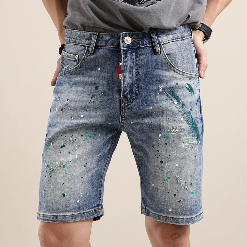 DSQ Independent Station Men's JEANS Five-point Shorts Paint Scrambling Style High Street Heavy Industry Men's Cattle pants