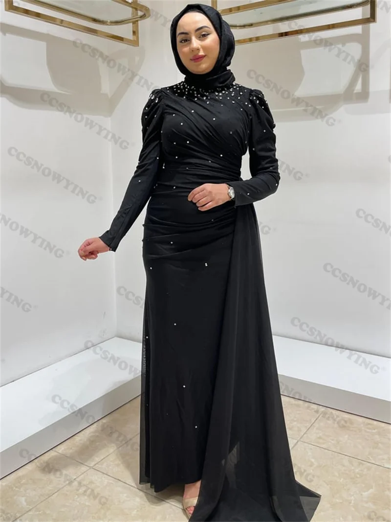 

Elegant Chiffon Muslim Evening Dresses Long Sleeve Rhinestones Islamic Formal Party Gown Arabic Dubai Women Robes De Soirée