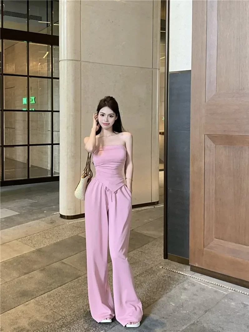 

GkyocQ Mature Sexy Girls New Two Piece Pants Sets Slim Irregular Chest Wrapping Tops + High Waist Wide Leg Pants Female Outfit