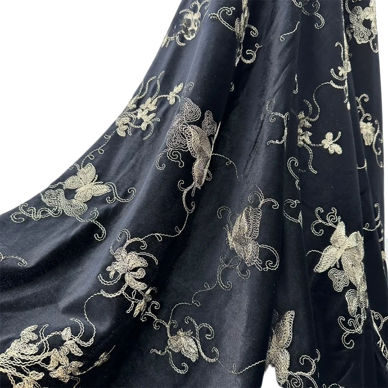 Black Color Flower Printed Embroidered Velvet Fabric African Jacquard Fabrics for Cheongsam Dress Clothing 130cm Width