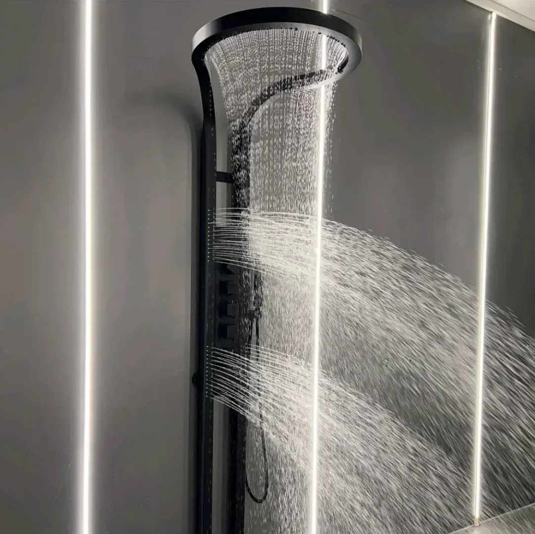 Bathroom Sprinkler Set Black Multi functional Waterfall Shower Panel Column System Stainless Steel Hot Selling