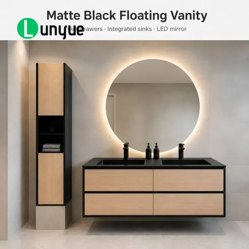 High Quality Oak Floating Vanity Wall Mounted Bathroom Cabinet With Mirror Energy Saving Luxury Hotel Project Furniture