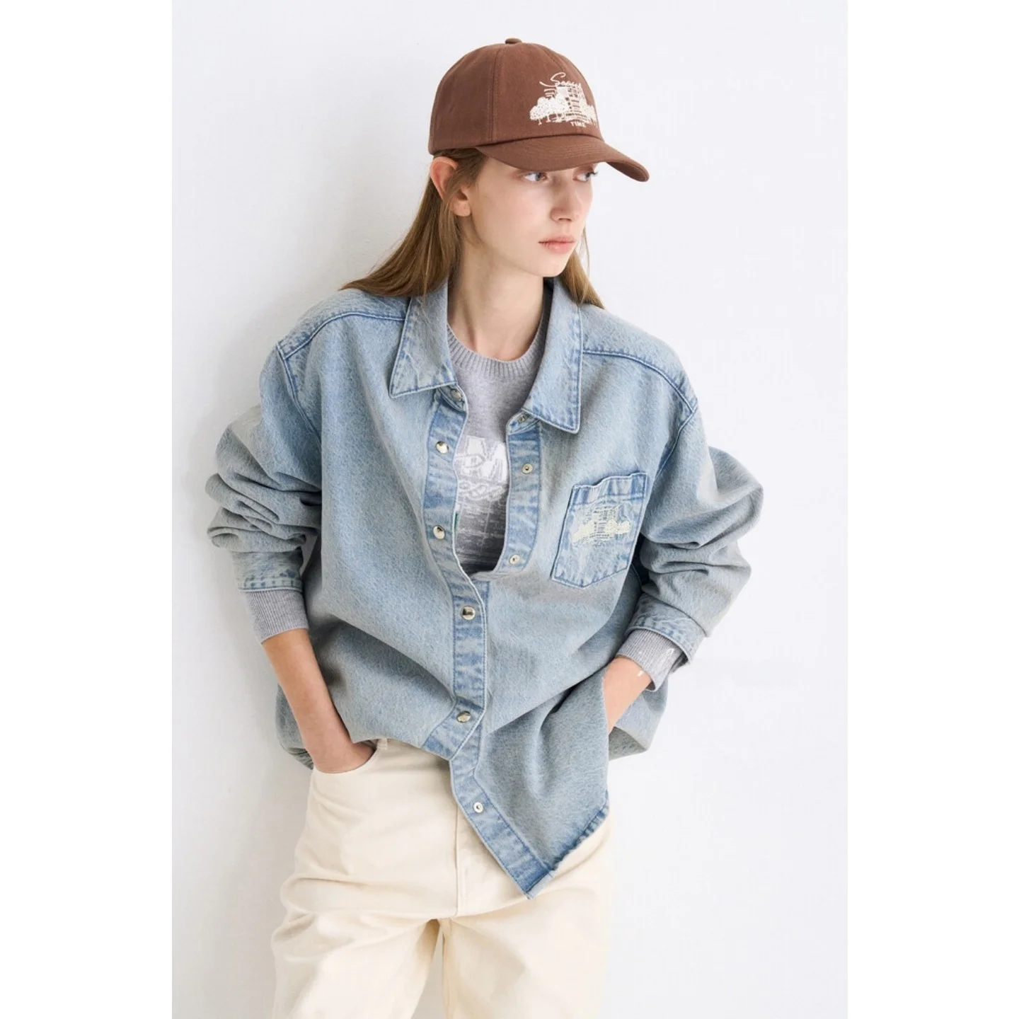 

Хлопковая рубашка BF с вышитым воротником, облегающая, для повседневной носки, в корейском стиле, свободного кроя, на пуговицах