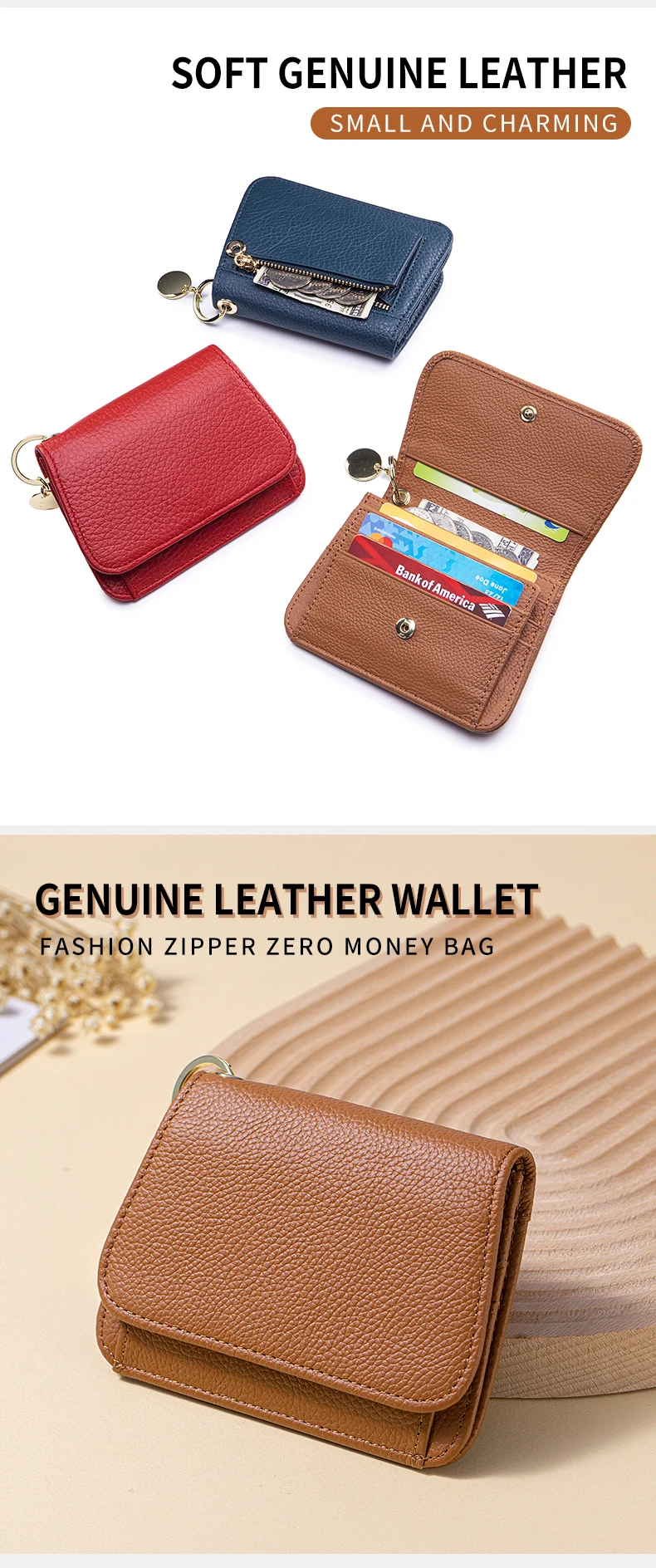 Slim Wallet for Women RFID Blocking Genuine Leather Ladies Keychain Wallet with Zipper Coin Pocket ID Window