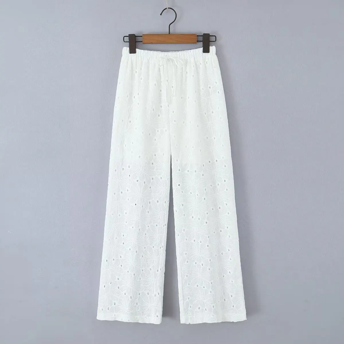 Dave&Di Summer Trousers French Country Embroidery Hollow Cotton Straight Pants High Waist Bohemian Casual Pants Women