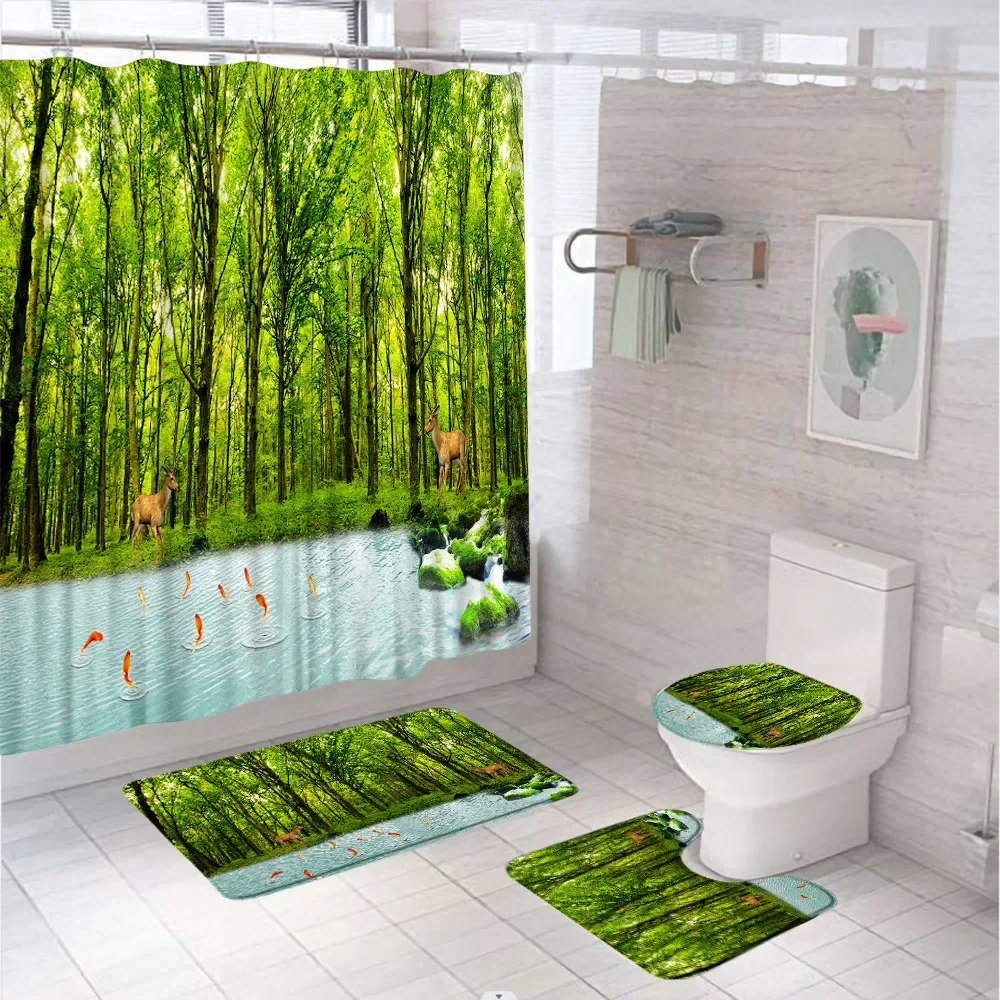 4Pcs Green Tropical Plant Forest Landscape Shower Curtain Set Grass Leaves Scenery Bath Mat Carpet Toilet Rug For Bathroom Decor