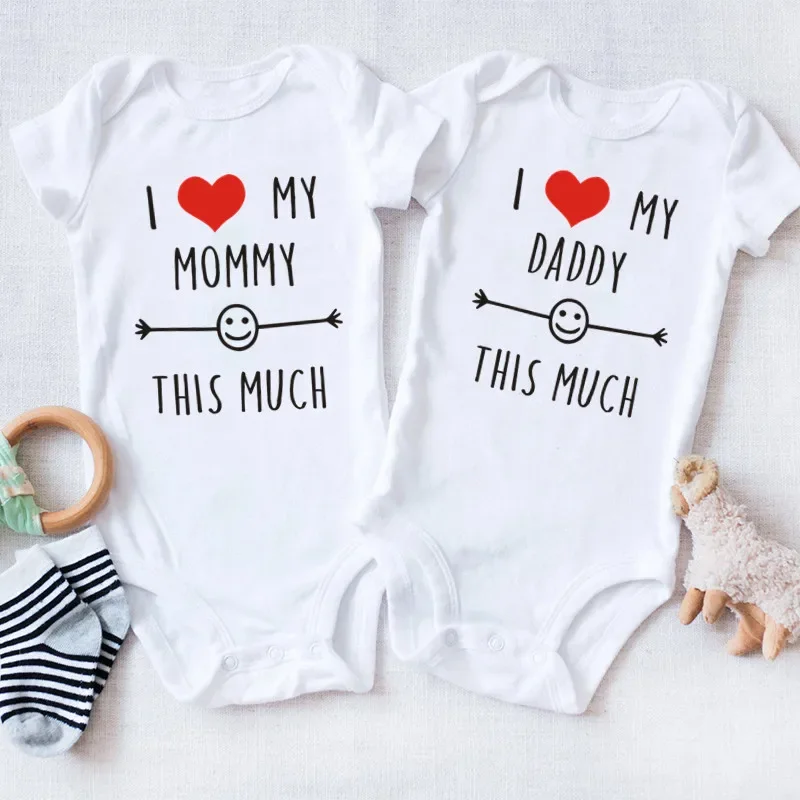 I Love My Mummy/Daddy This Much Cotton Short Sleeve Newborn Bodysuit Funny Twin Baby Clothing for Boys Girls Onesie