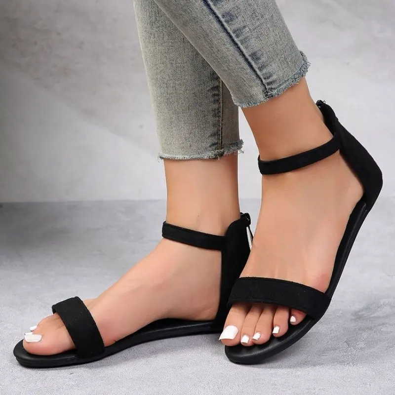 Women\'s Sandals Summer Female Flat Shoe Back Zip Cover Heel Casual Ladies Cow Suede Sandal Fashion Simple Comfort Plus Size 42