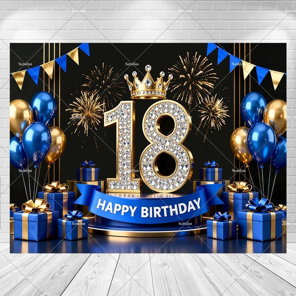 

Royal Blue Gold Happy 18th Birthday Party Backdrop For Photography Balloons Gifts 18th Woman Man Birthday Photo Background