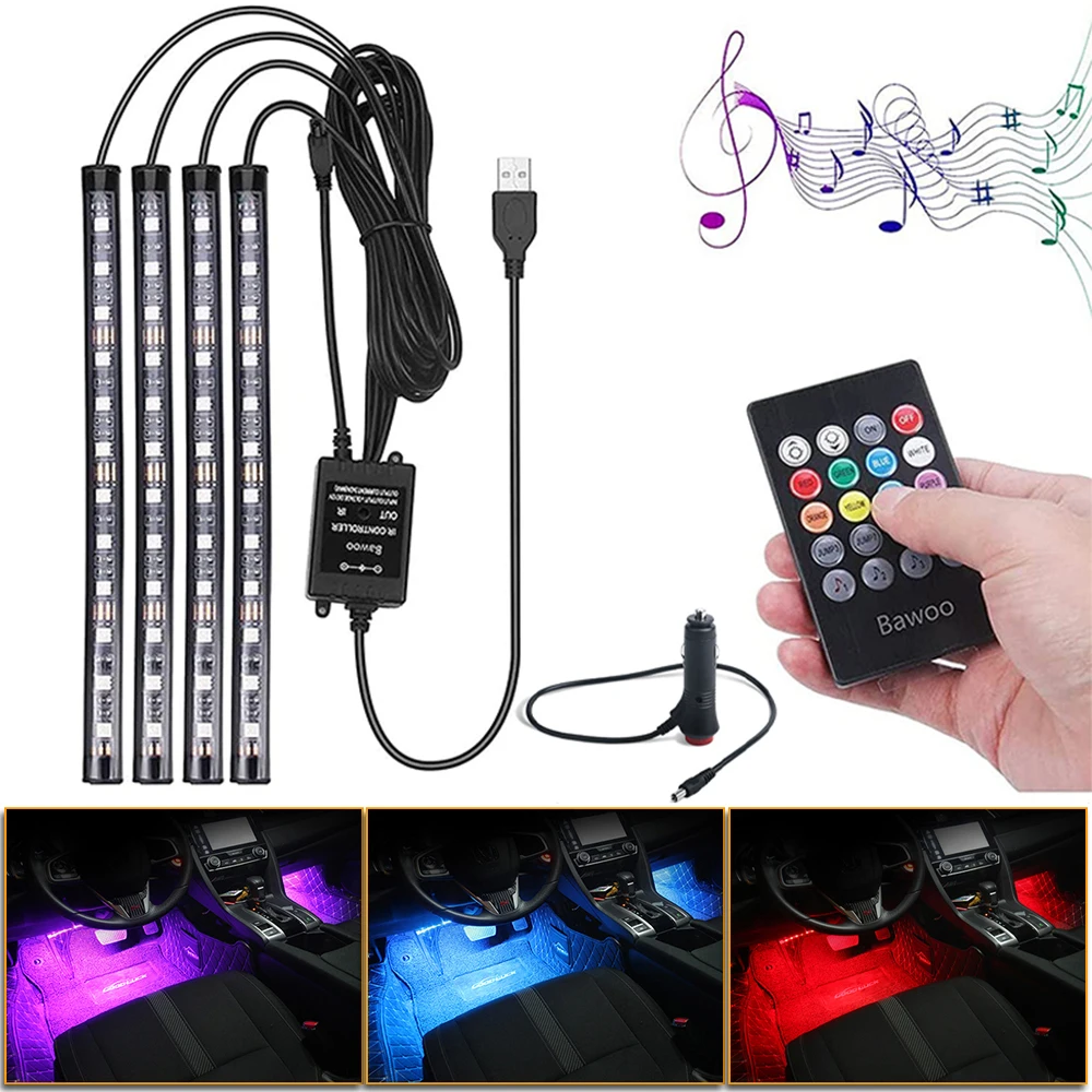 Car Interior RGB LED Strip Light Foot Ambient Lamp With USB Cigarette Lighter Music Decorative Atmosphere Light Led Light Bar12V