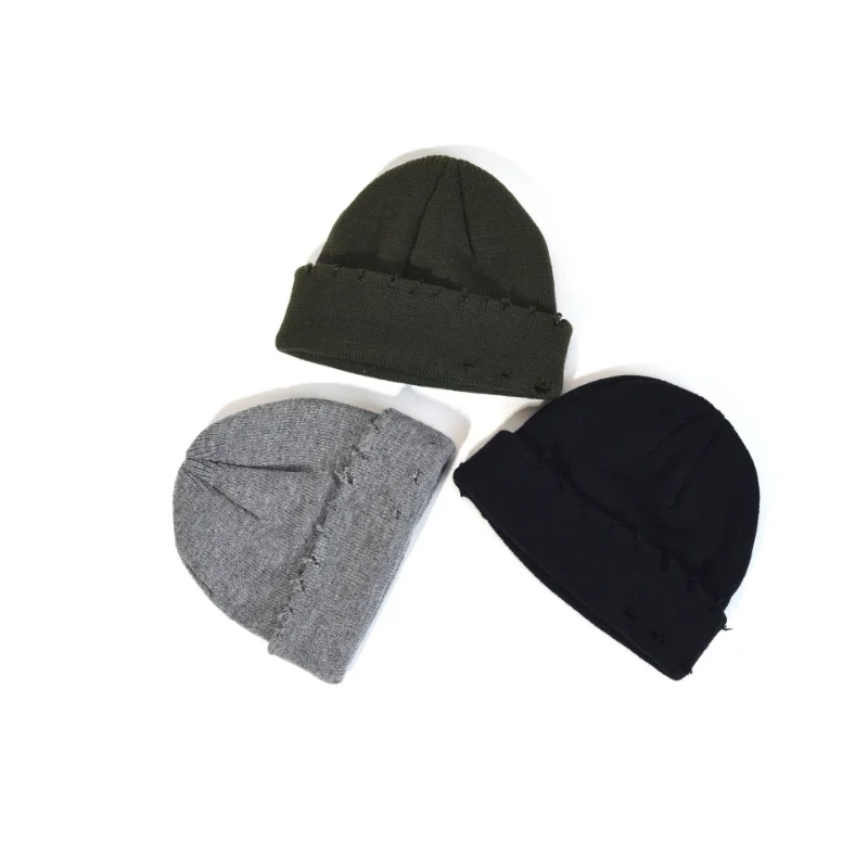 Men Hip Hop Harajuku Beanies Hats Ripped Holes Knitted Hats Plain 2022 Autumn Winter Soft Cotton Warm Caps