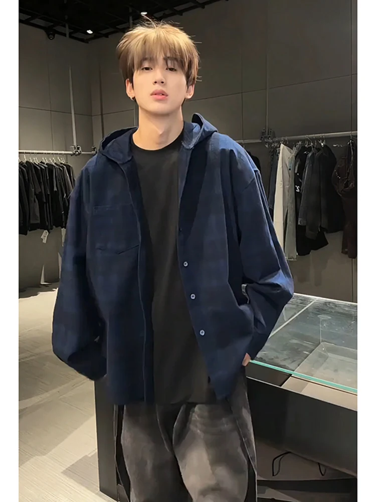 

Cleanfit Hooded Plaid irt Men's Spring American Retro Brued Long Sve Ghost Mist Blue Outerwear Loose Fit Youth Trend