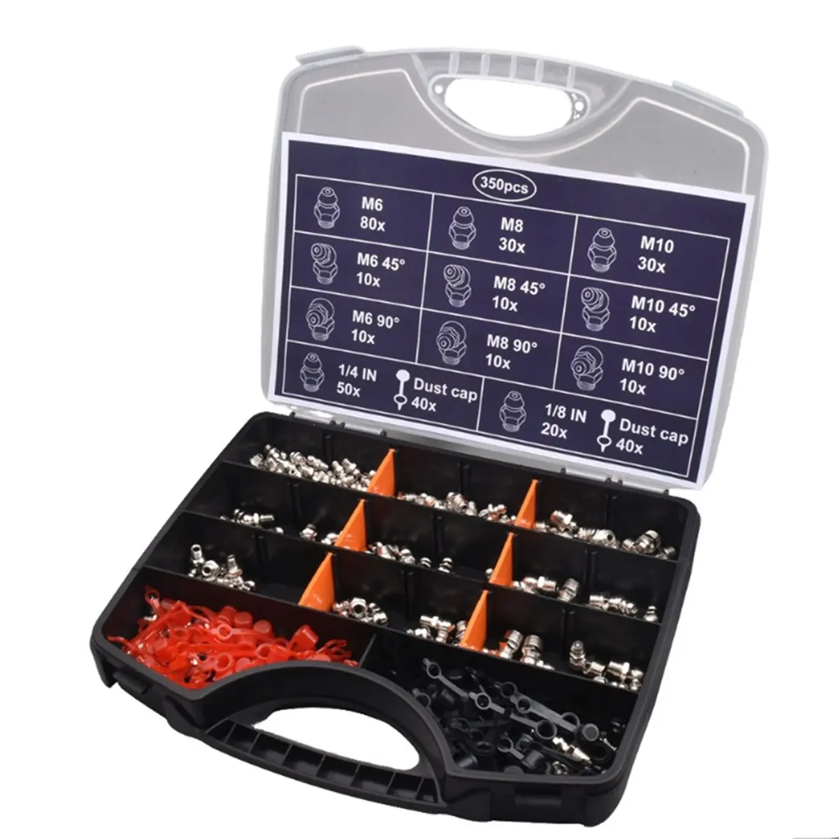 

Utility Design Grease Fittings Kit, 350Pcs SAE & Metric Grease Fitting Assortment,Straight 45 90 Degree Grease Zerk Fittings wit