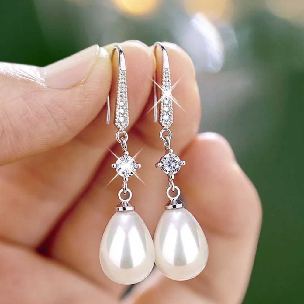 

1Pair Huitan White Imitation Pearl Dangle Earrings for Women, Silver Plated with Sparkling Zircon Accents, Temperament Bridal Wedding Ear Accessories, Elegant Anniversary Gift Jewelry