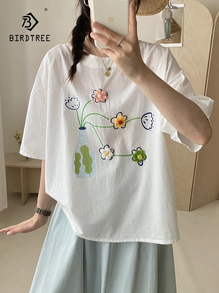 

New 2025 Summer Cotton Short Sleeve T-Shirt, Women O Neck 3D Embroidery, Mori Girl Sweet Versatile Casual Loose Tee T55616CC