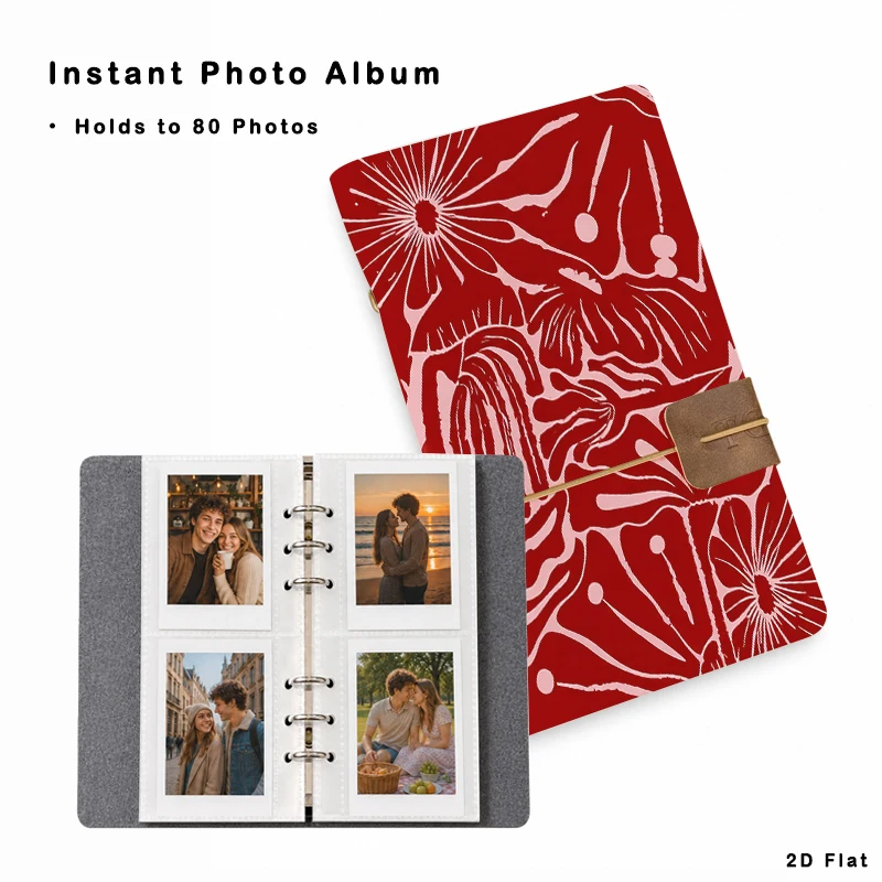 Abstract Red Pink Floral Photo Album 20 Sheets 80 Vertical Pockets for Family Travel Memory Storage Birthday Party Gift Photo Co