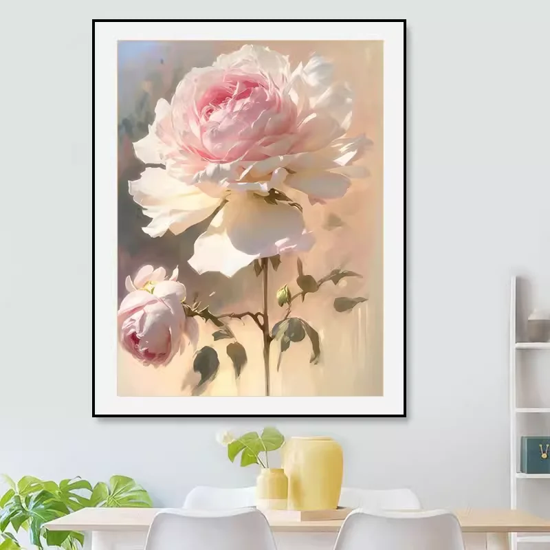 

Handmade cross stitch finished camellia flowers blooming with luxurious plants, flowers in the entrance hall, living room,