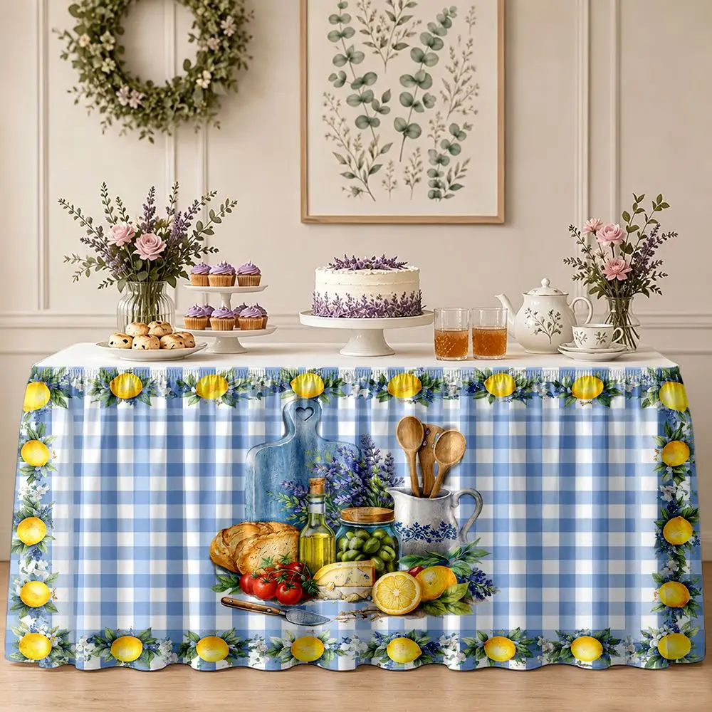 One-piece set with tablecloth decoration - blue and white checkered tablecloth pattern - ruffled tablecloth edge