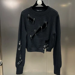 Summer Fall Ripped Hole Pin Men O Neck Long Sleeve Sweater Personality Fashion Hip Hop Punk Oversized Knitted Clothing Top Black