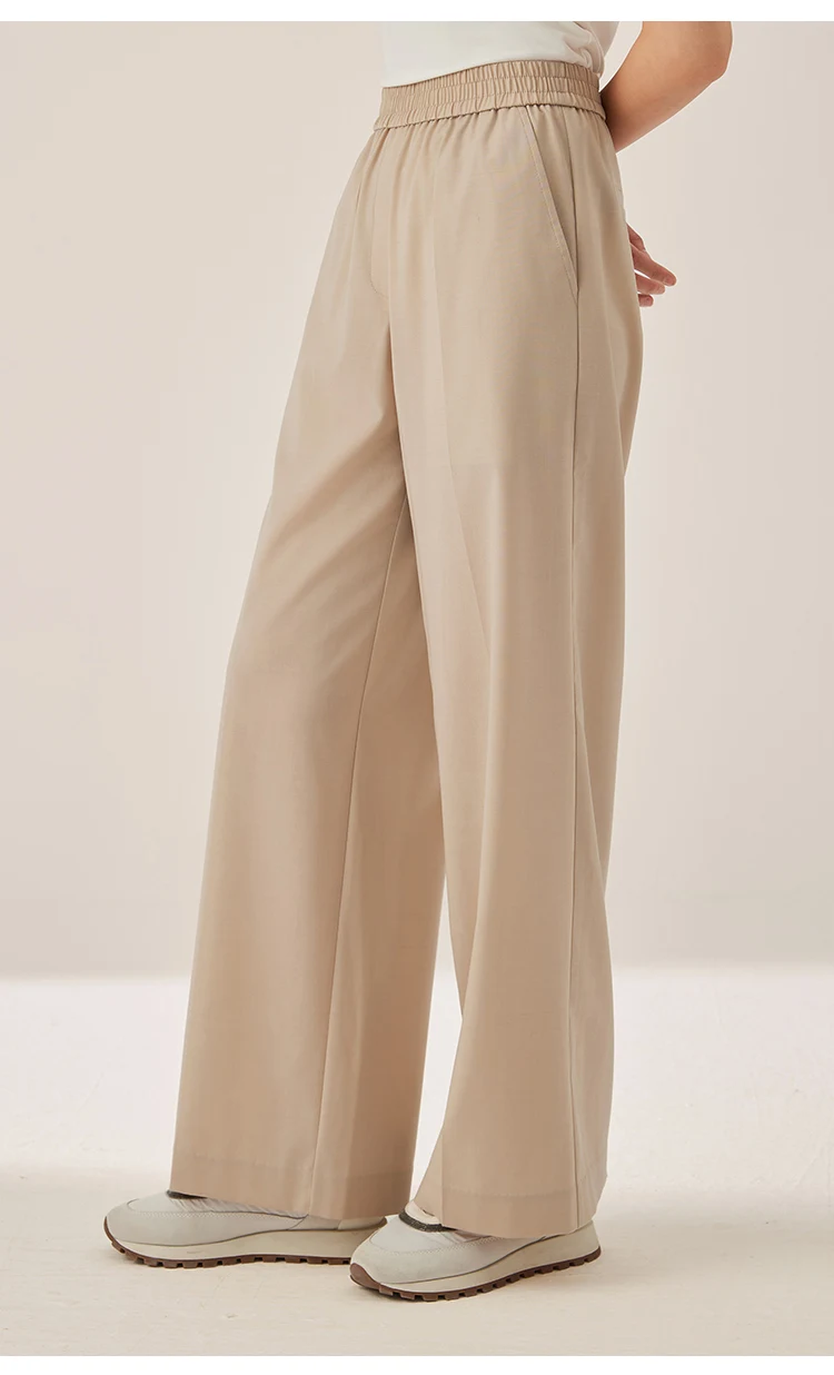 KX7523423 Damenhose mit weitem Bein aus Wollmischgewebe, lässige Hose mit elastischem Bund und Taschen – Detail 4