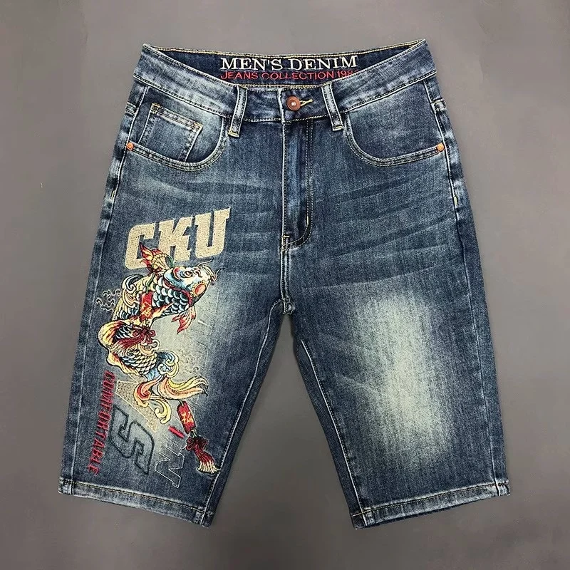 

Men's Denim Shorts Koi Carp Embroidery Slim fit Capris Pants Summer Thin Vintage Jeans for Male