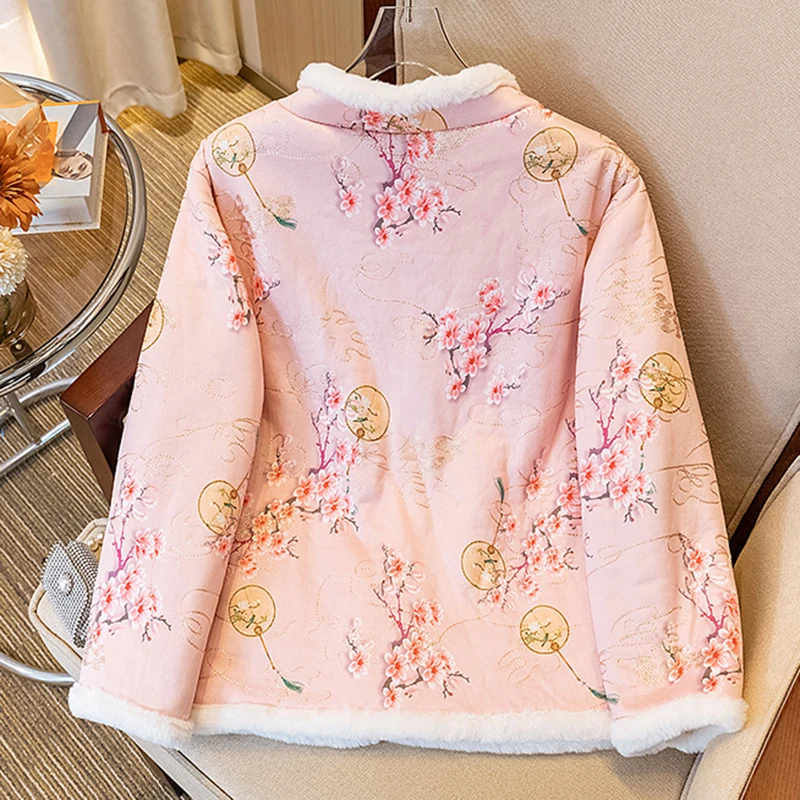 Thick New Chinese O-Neck Printed Cotton Coat Women's Winter Outwear 2025 New High-end National Style Single-breasted Warm Jacket