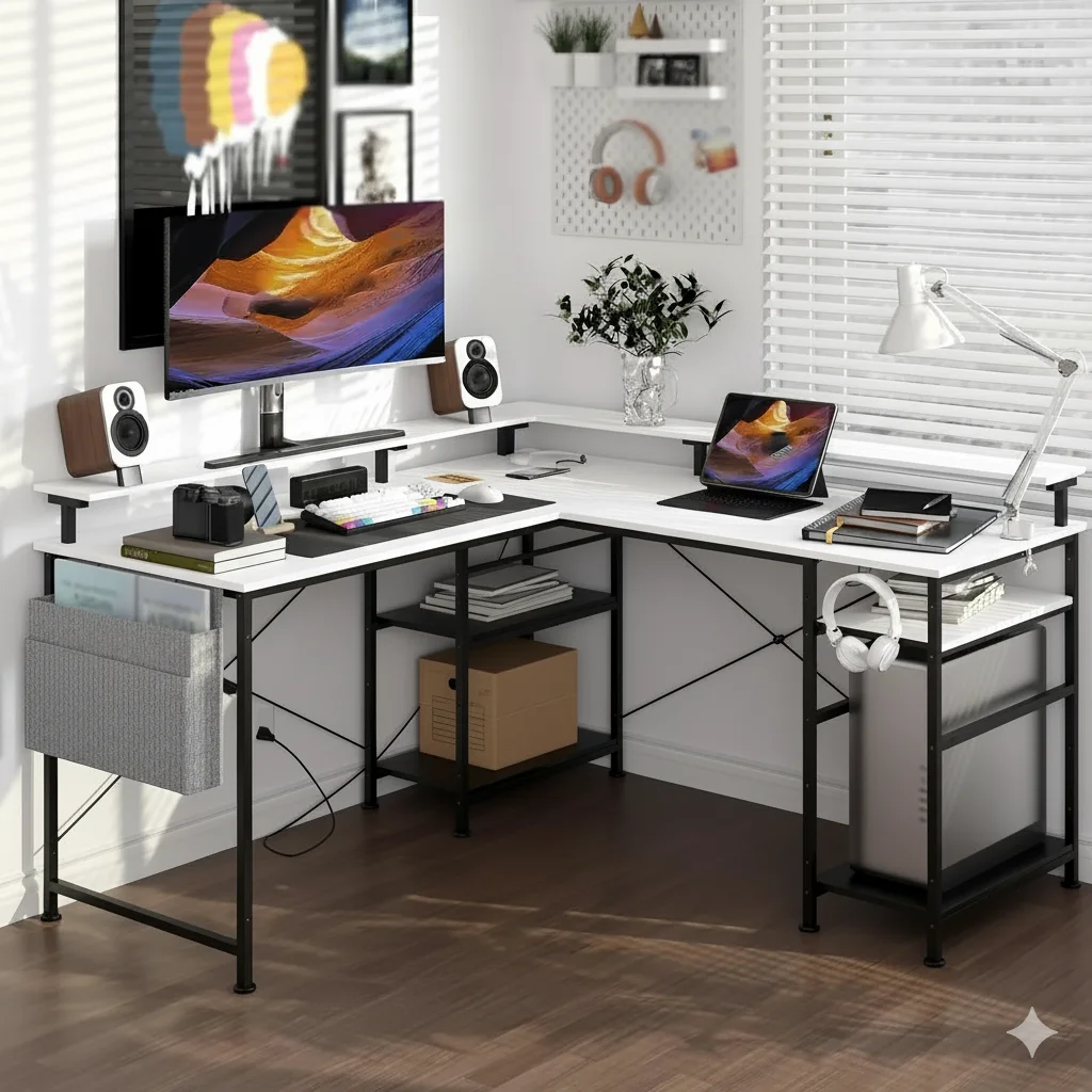 Modern 2-in-1 converteerbaar L-bureau, 140/230 cm, ergonomische monitorbladen, Power Hub, speeltafel