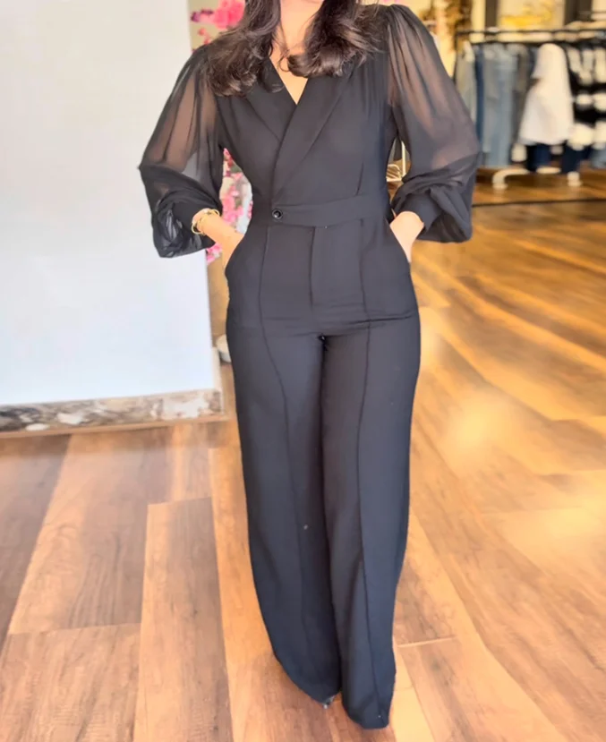 

Jumpsuit Women Fashion 2025 Summer New Notched Collar Sheer Puff Sleeve Jumpsuit Casual Waist Pocket Design Romper