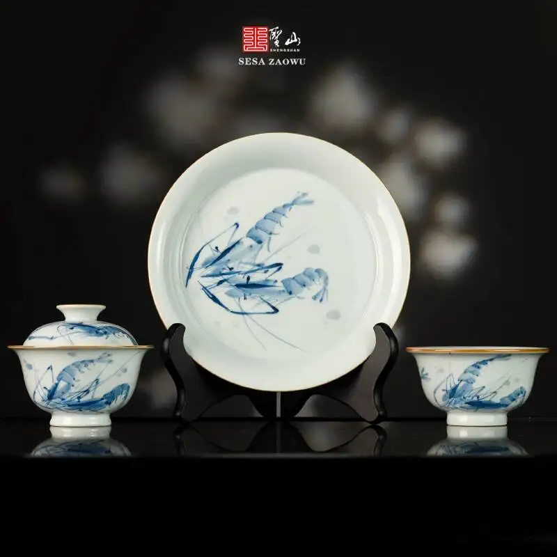Holy Mountain Jingdezhen Antique-Style Blue And White Freehand Chinese Painting Style Hand-Painted Shrimp-Themed Ceramic Gaiwan