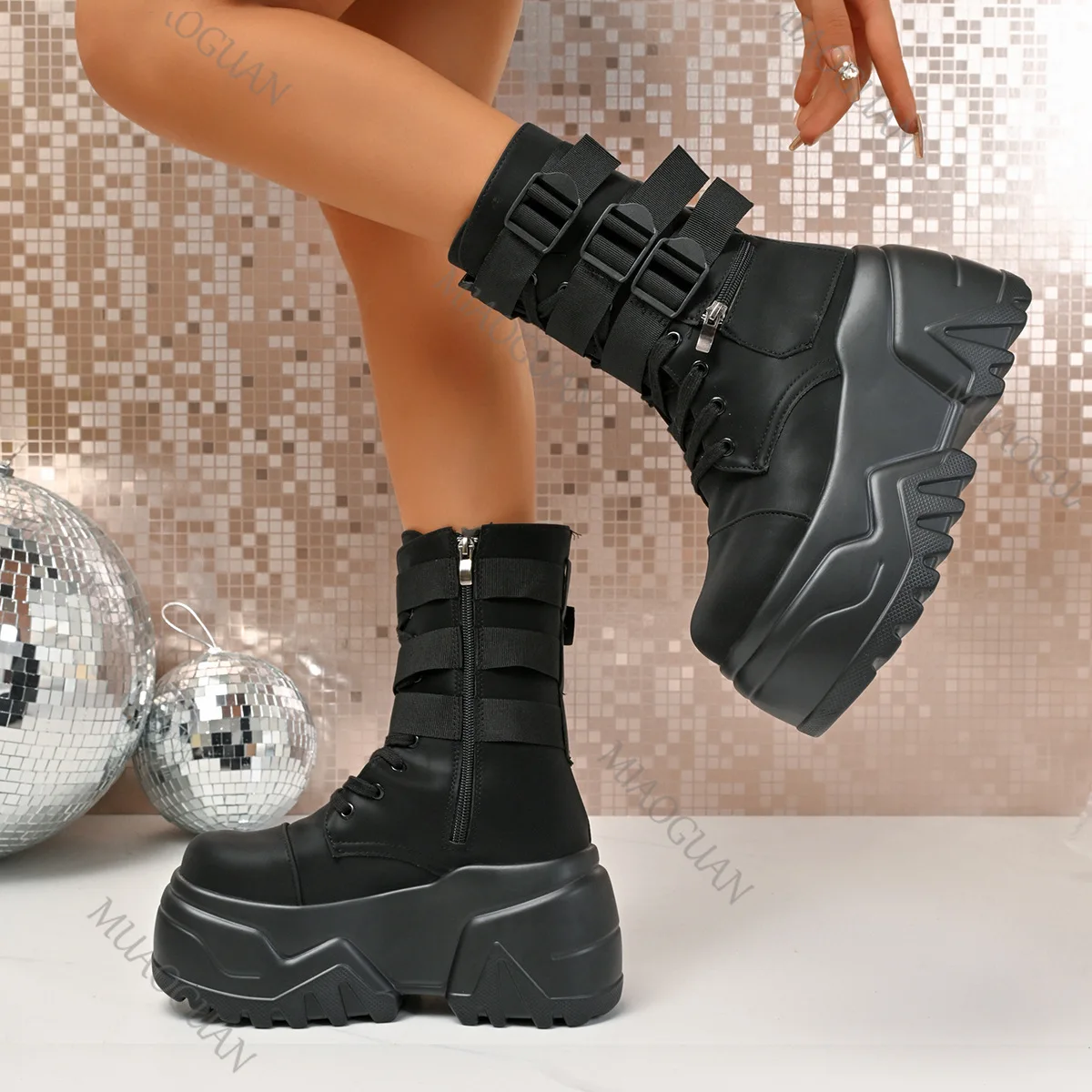 الأحذية النسائية حزام مشبك تصميم المرأة منصة التمهيد فاسق نمط القوطية الأحذية الارتفاع زيادة منتصف العجل الجوارب Bottines فام #2