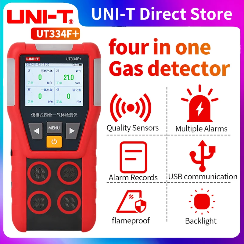 UT334F+ UNI-T Multi Gas Detector Gas Meter O2 H2S CO LEL Oxygen Hydrogen Sulfide Carbon Monoxide Combustible Gas Leak Detector