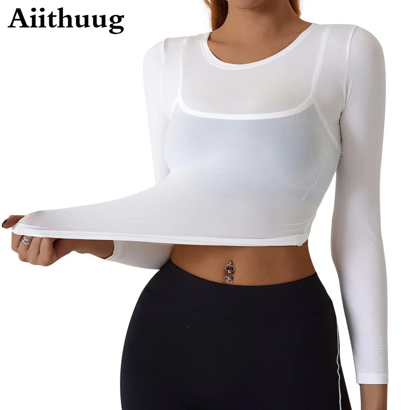 Aiithuug Round Neck Yoga Crop Tops Women's Long Sleeved Fast Drying Lightweight Shirt Elasticity Compression Pilates Fitness Top