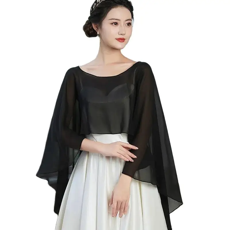 Women Black Chiffon Bolero Wedding Elegant Simple Soft Casual Cape Dress Prom Party Shrug For Lady Evening Dress Red White Shawl