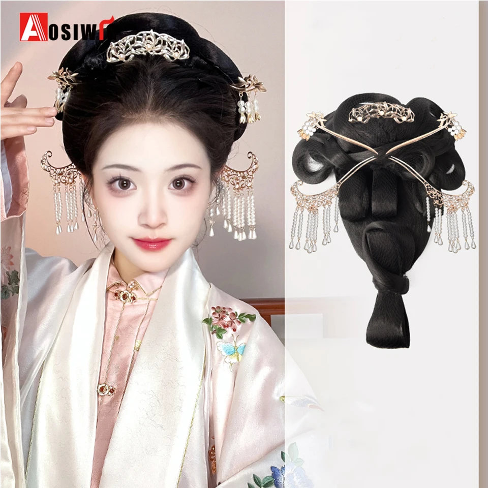 Chinese Ancient Synthetic Wig Women Hanfu Wigs Headdress Photography Dance Accessory Wigs Black For Women Integrated Hair bun