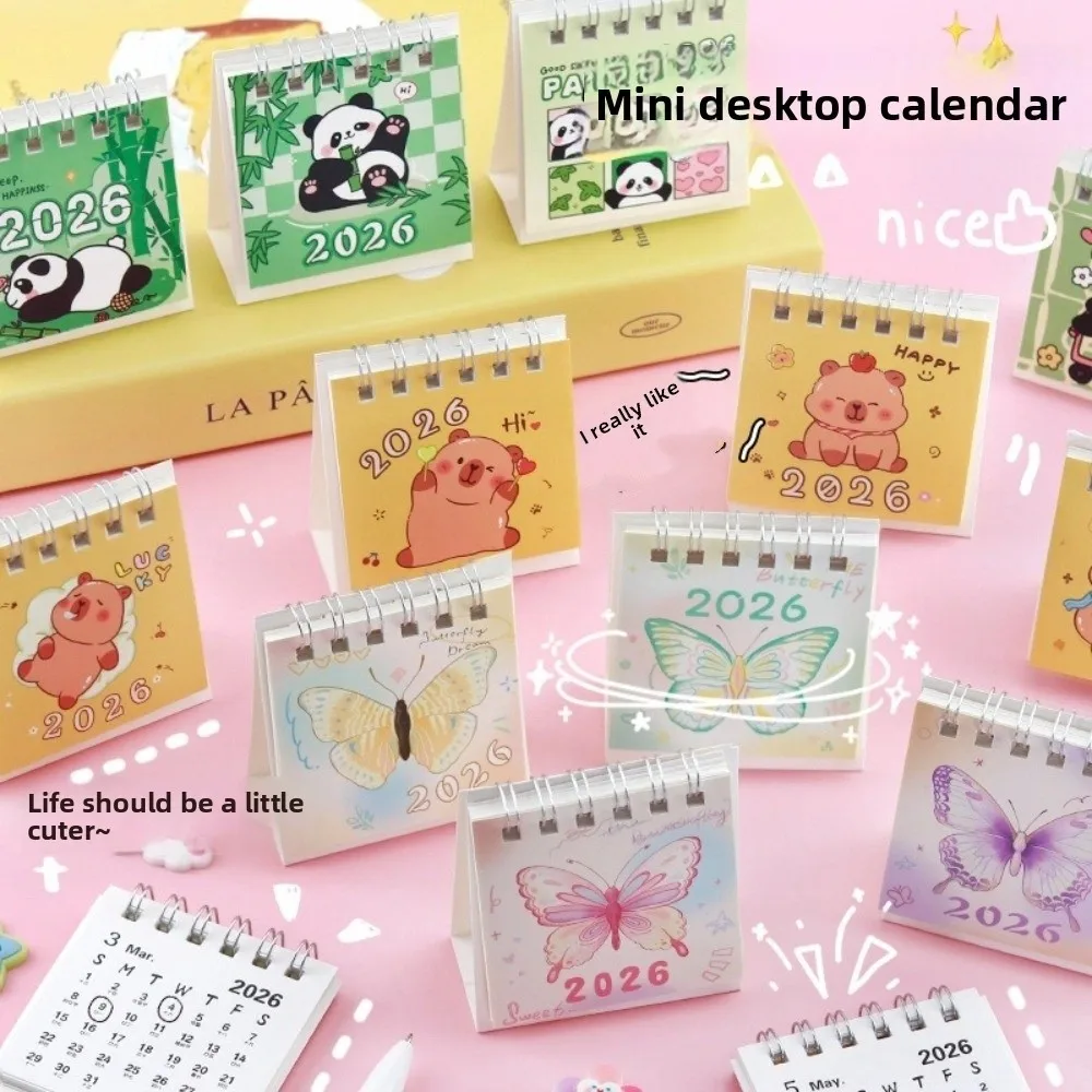 Creative Small 2026 Desk Calendar Cartoon Desktop Decoration Schedule Planner Standing Flip Coil Calendar for Gifts