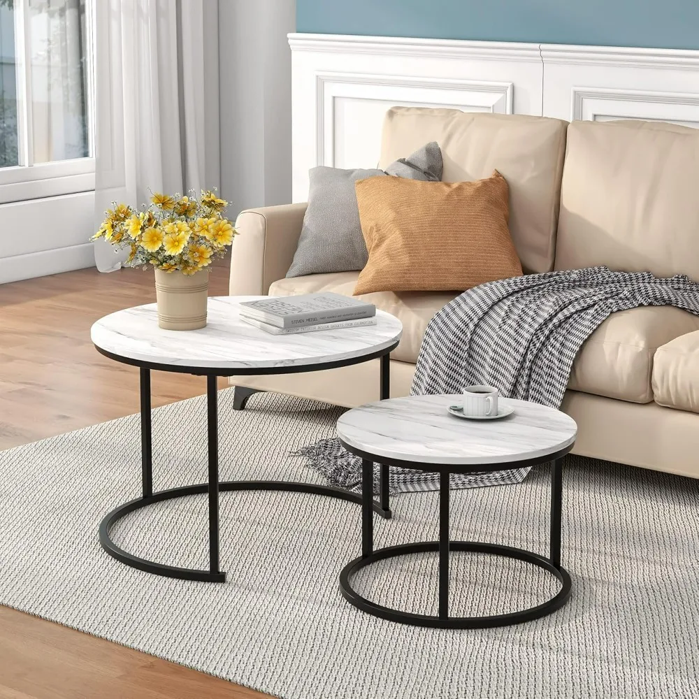 

Nesting Round Coffee Table Set of 2 End Tables, Circular and Marble Coffee Table Wooden with Metal Frame, Stacking Side Tables