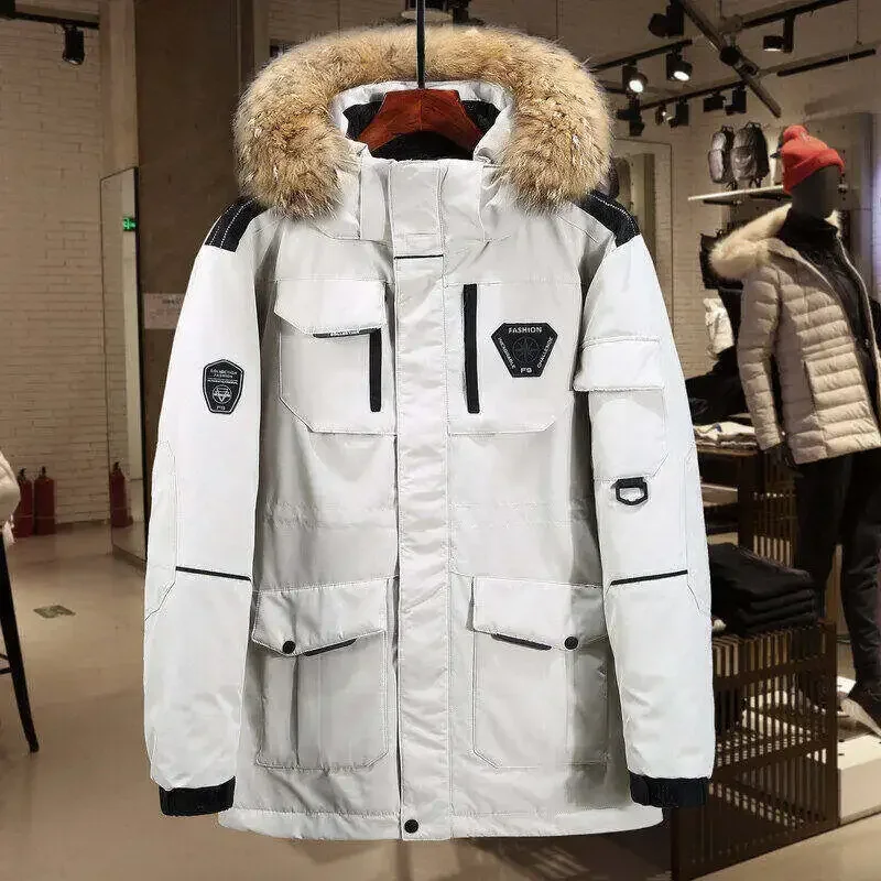 Winter Down Jacket Men's Korean Trendy Thick Big Fur Collar Hooded White Duck Down Warm Coat Couple's Street Snow Pocket Parka