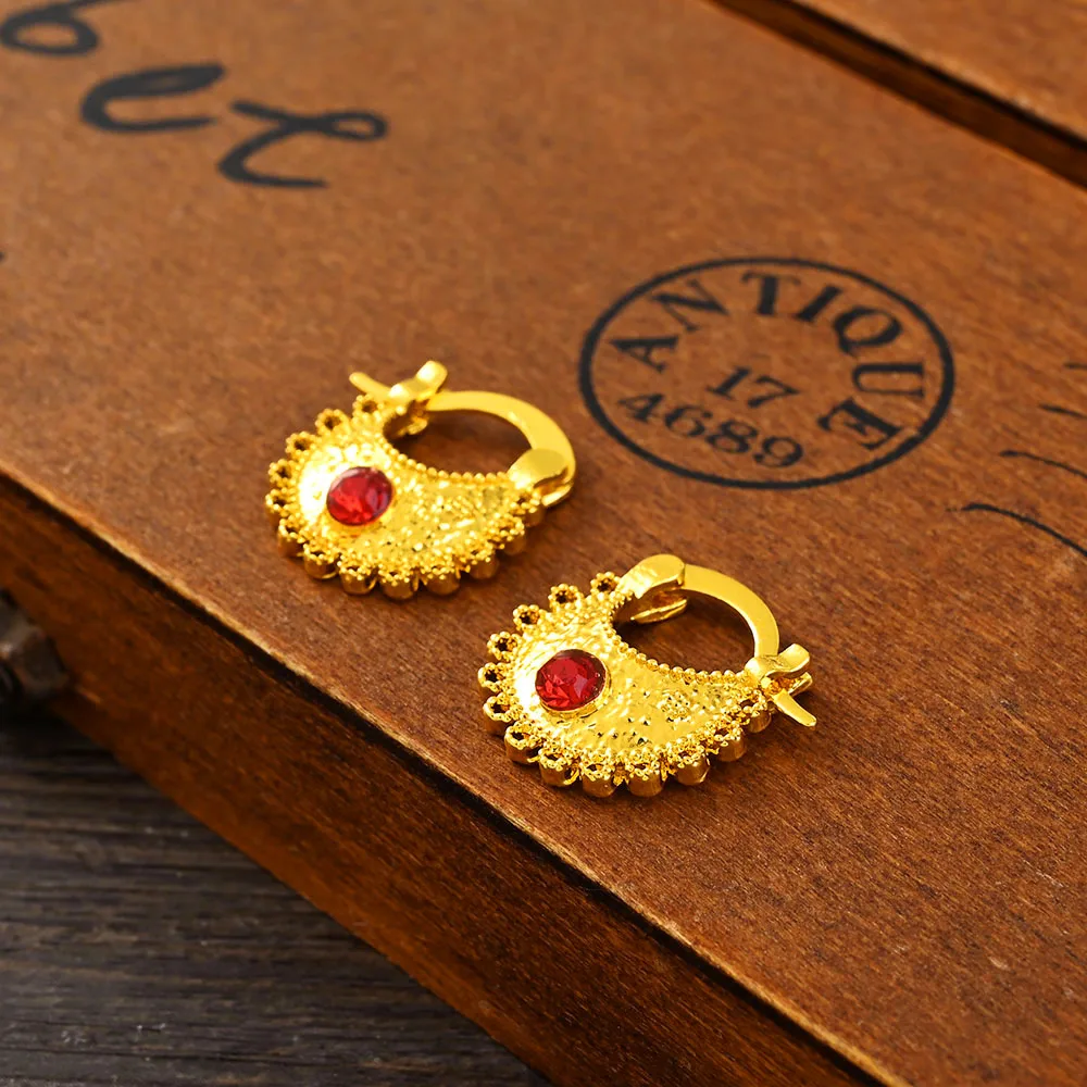 Gold Color Lovely Red CZ Round Circles Huggies Hoop Earrings Kids Children Women Girls Boy Jewelry African Christmas Party Gift