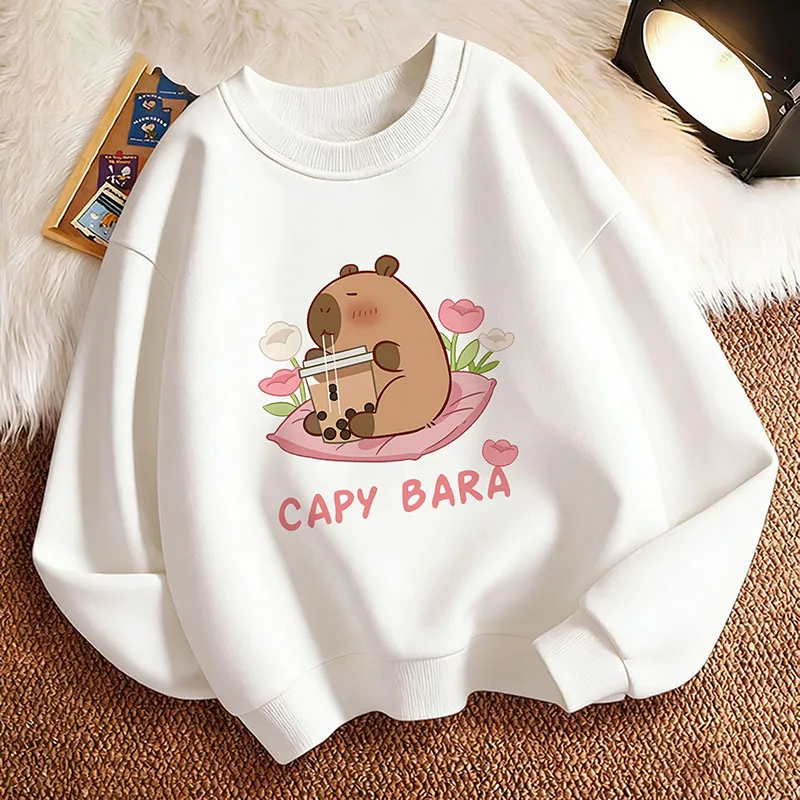 Pullover Kawaii Capybara Drinking Juice Hoodie Kids Flower Children's Sweatshirt Hoody for Boys Girls Casual Hoodies Clothes
