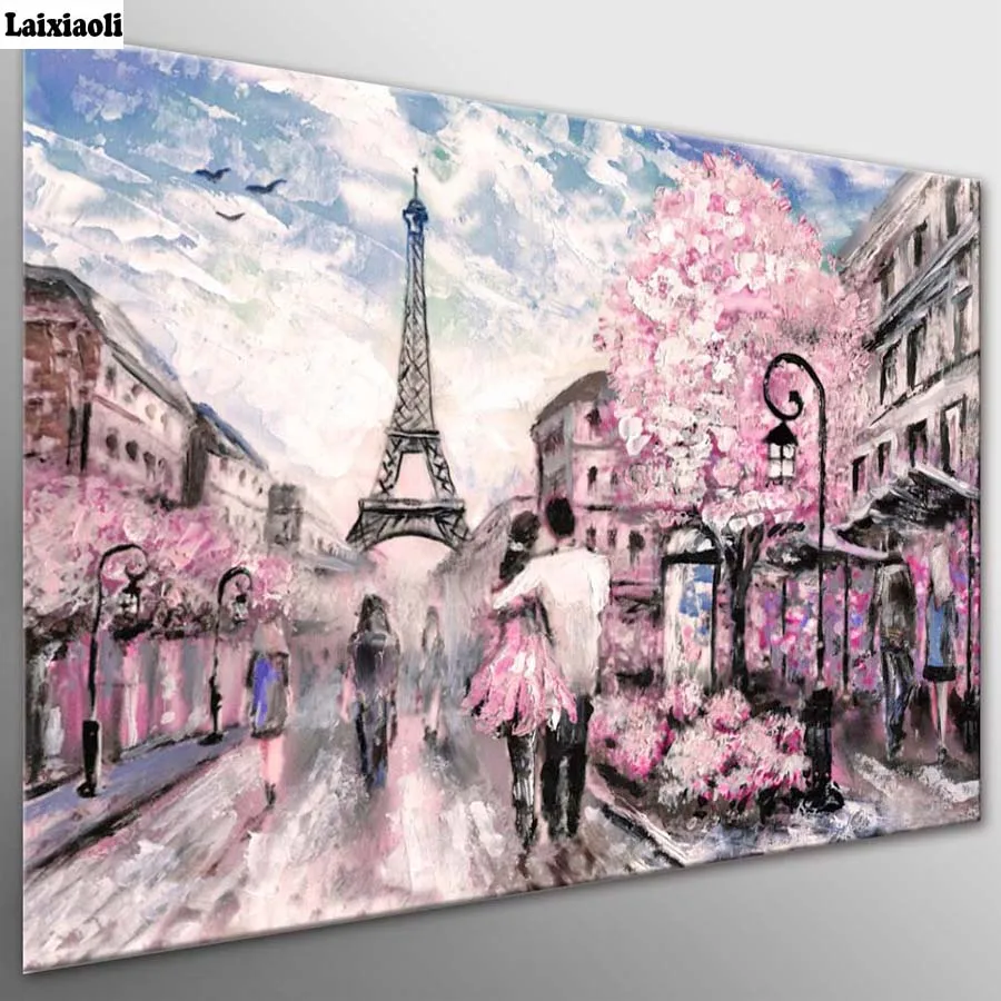 Diamond painting Cross Stitch,Diamond Embroidery,City Scape Pink Paris Street Mosaic,romantic couple picture wedding decoration